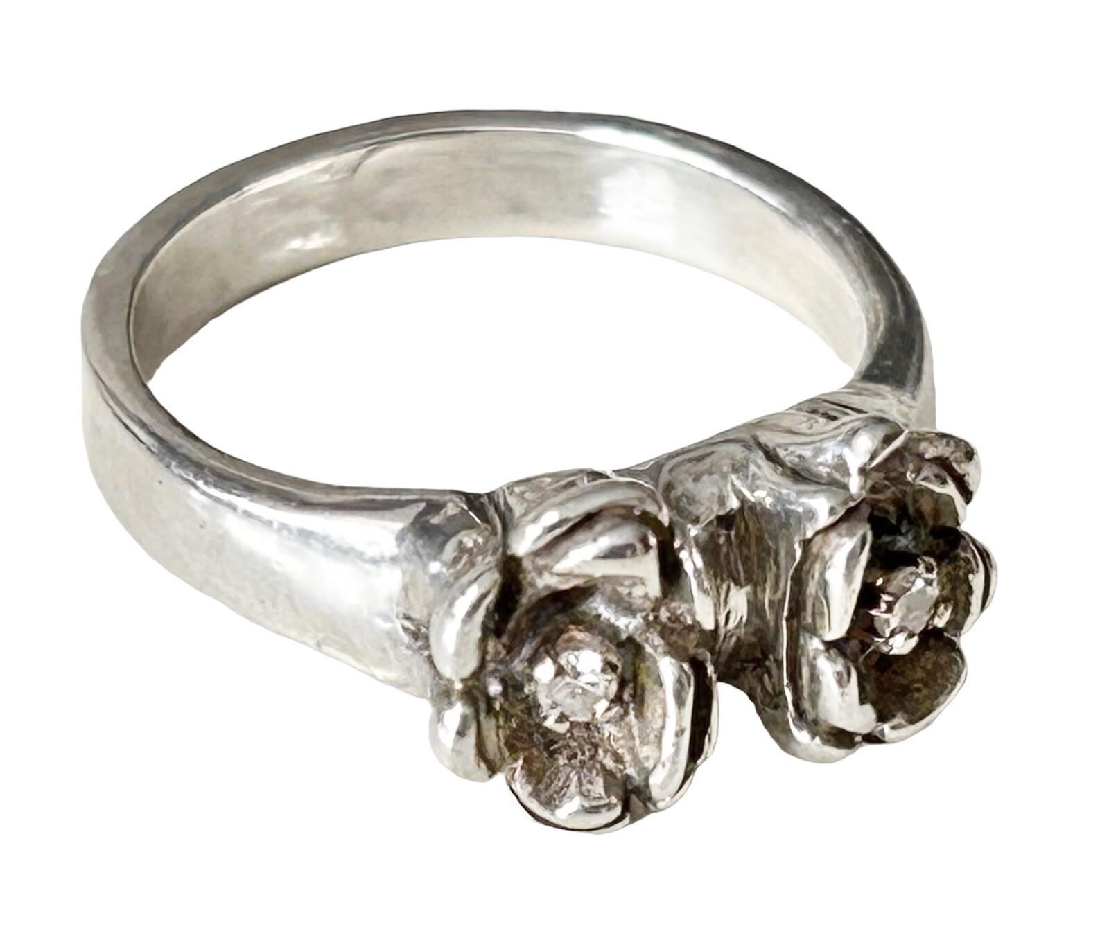 Sterling Brutalist Freeform Mod Flower Diamond Ring Sz 6.25 Scandinavian Style