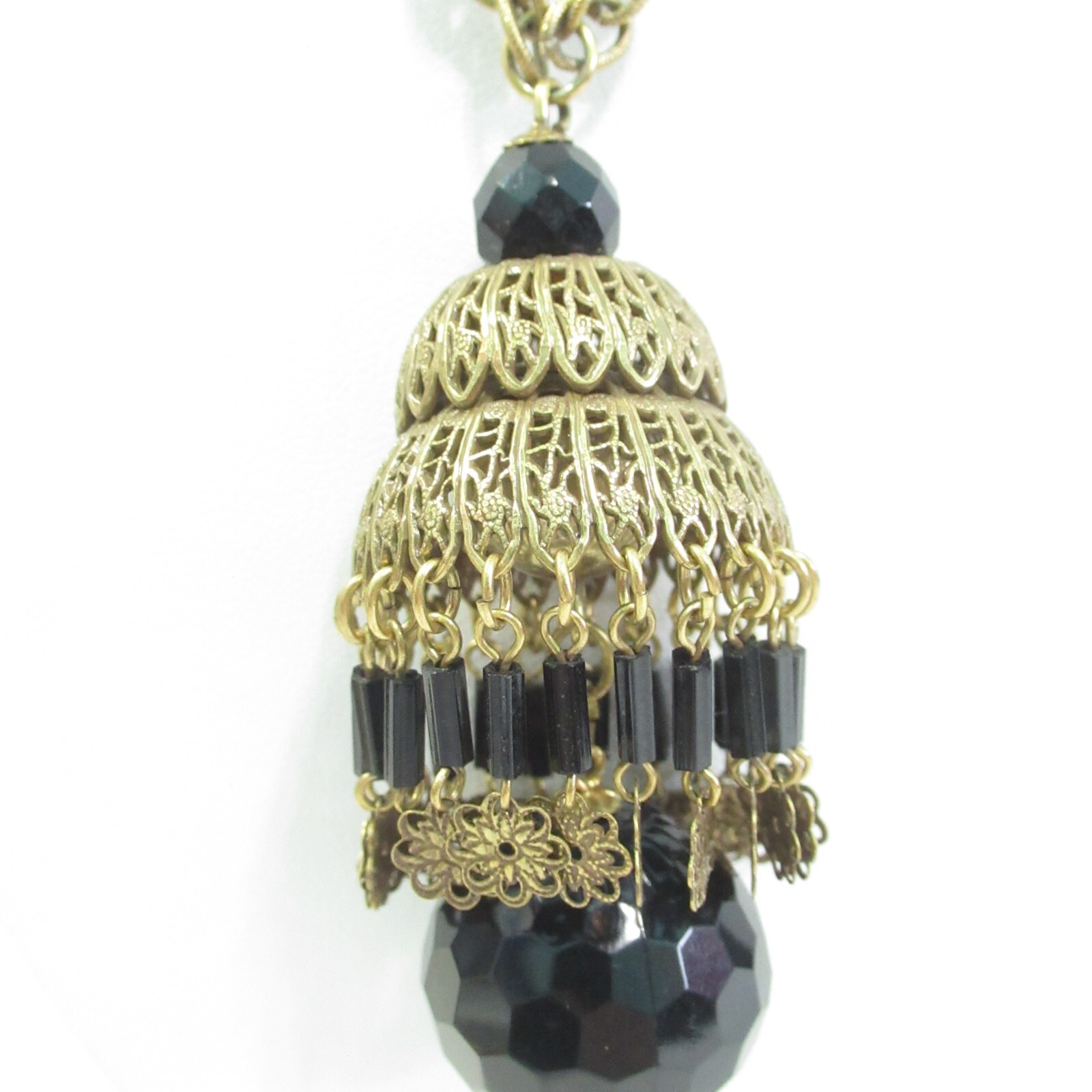 Long Vintage Necklace Bell Style Brass Pendant Black Glass Ball