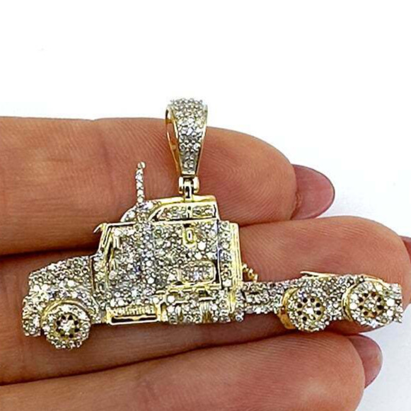 0.85CTW Real Diamond 10K Real Gold Semi Trailer Truck Pendant 1″