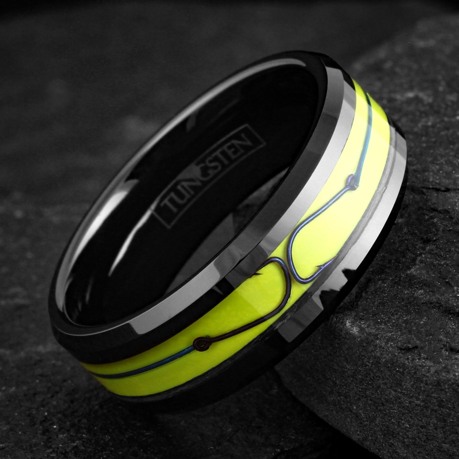8mm Black Tungsten Yellow Enamel w/ Blue Fishing Line & Hook Wedding Band Ring