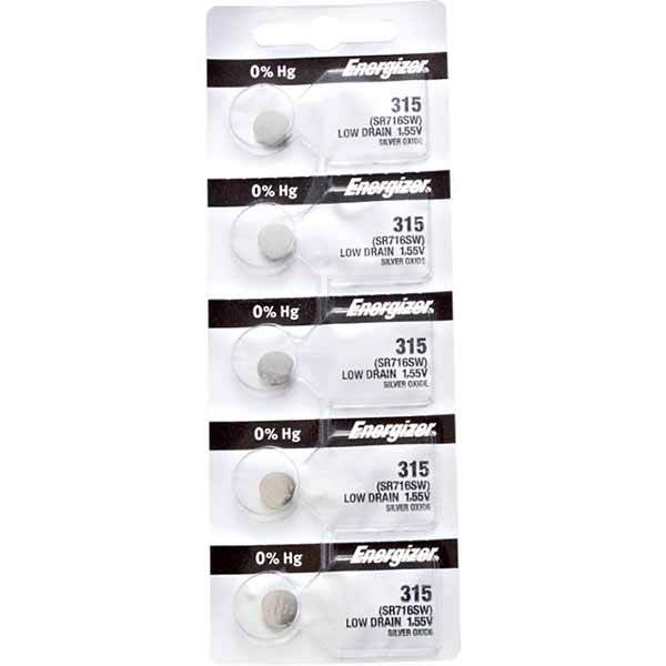 5 x Energizer 315 Watch Batteries, 1.55V, 0% MERCURY equivalent SR716SW