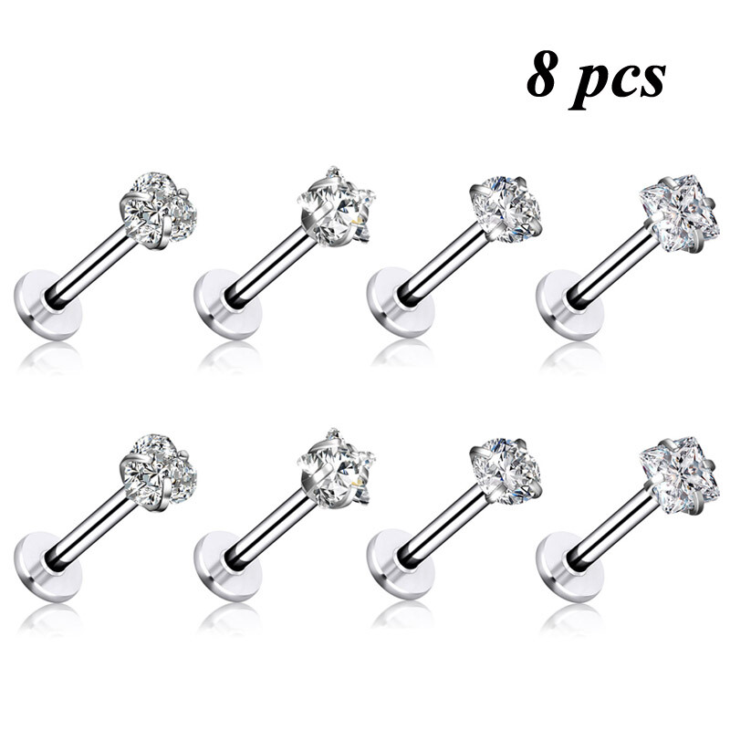 8 Pcs 16G Labret Monroe Lip Rings Helix Tragus Earrings Studs Piercing Jewelry