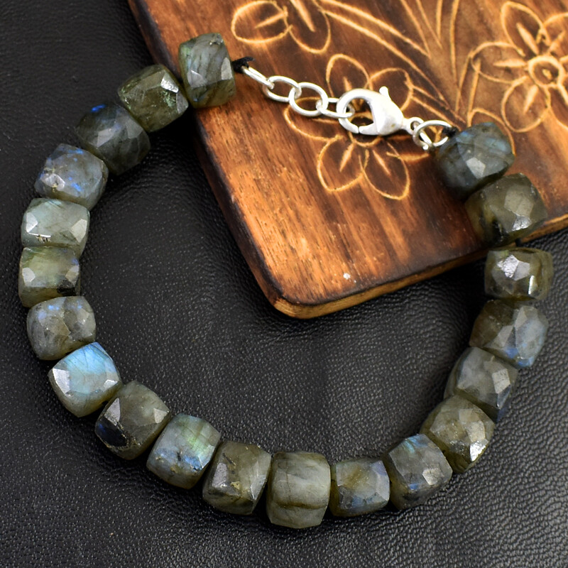 190.00 Cts Natural 7 Inches Long Labradorite Faceted Beads Bracelet NK 50E163