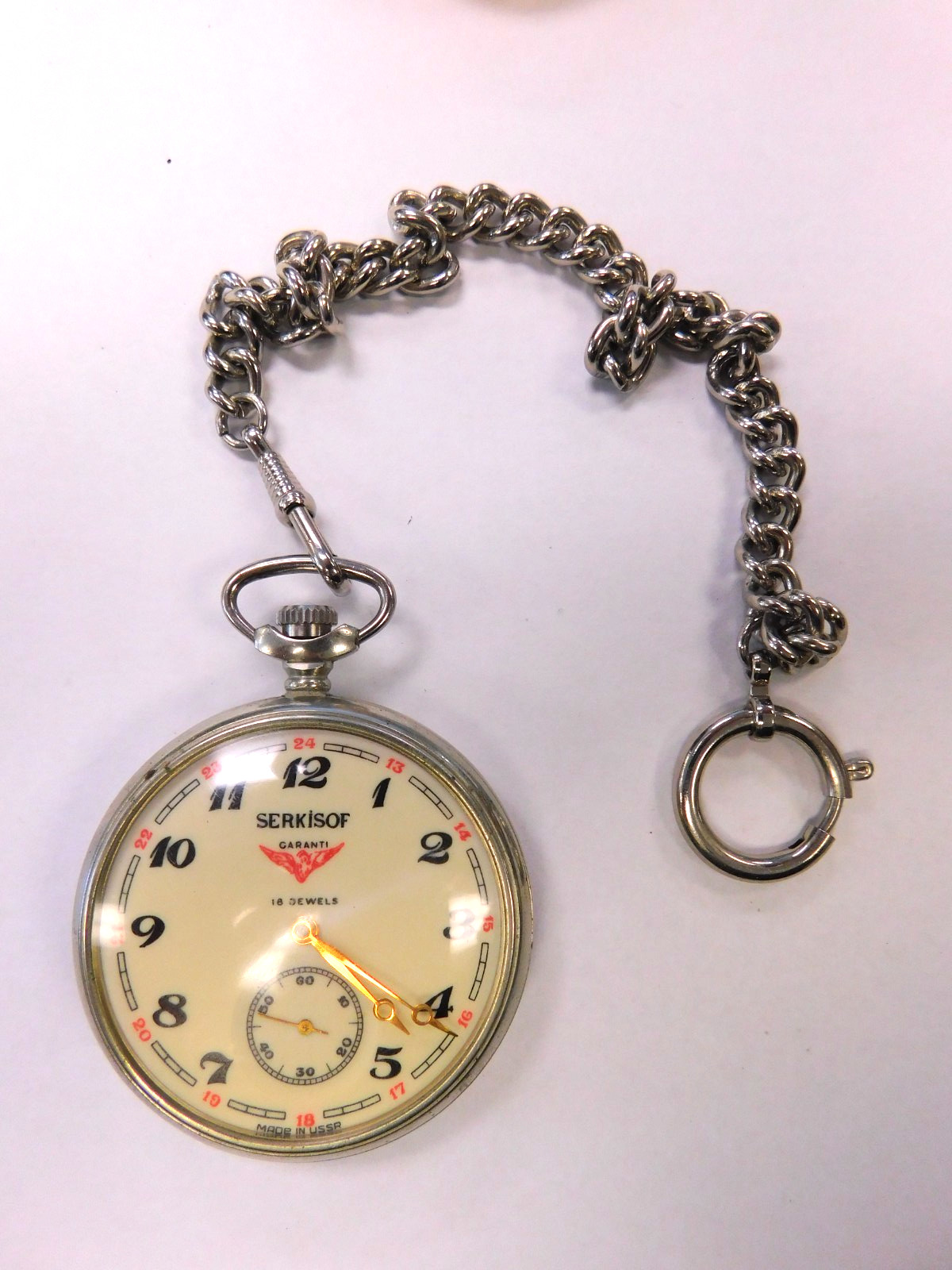 Vintage Serkisoff Soviet CCCP USSR Molnija 3602 Hand Wind Pocket Watch w/ Chain