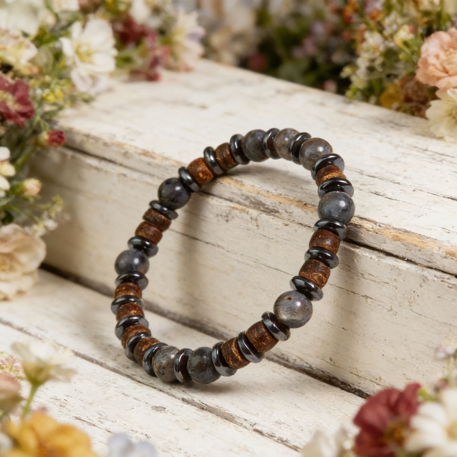 Larvikite Hematite Beaded Wood Coconut Shell Healing Crystal Women Men Bracelet