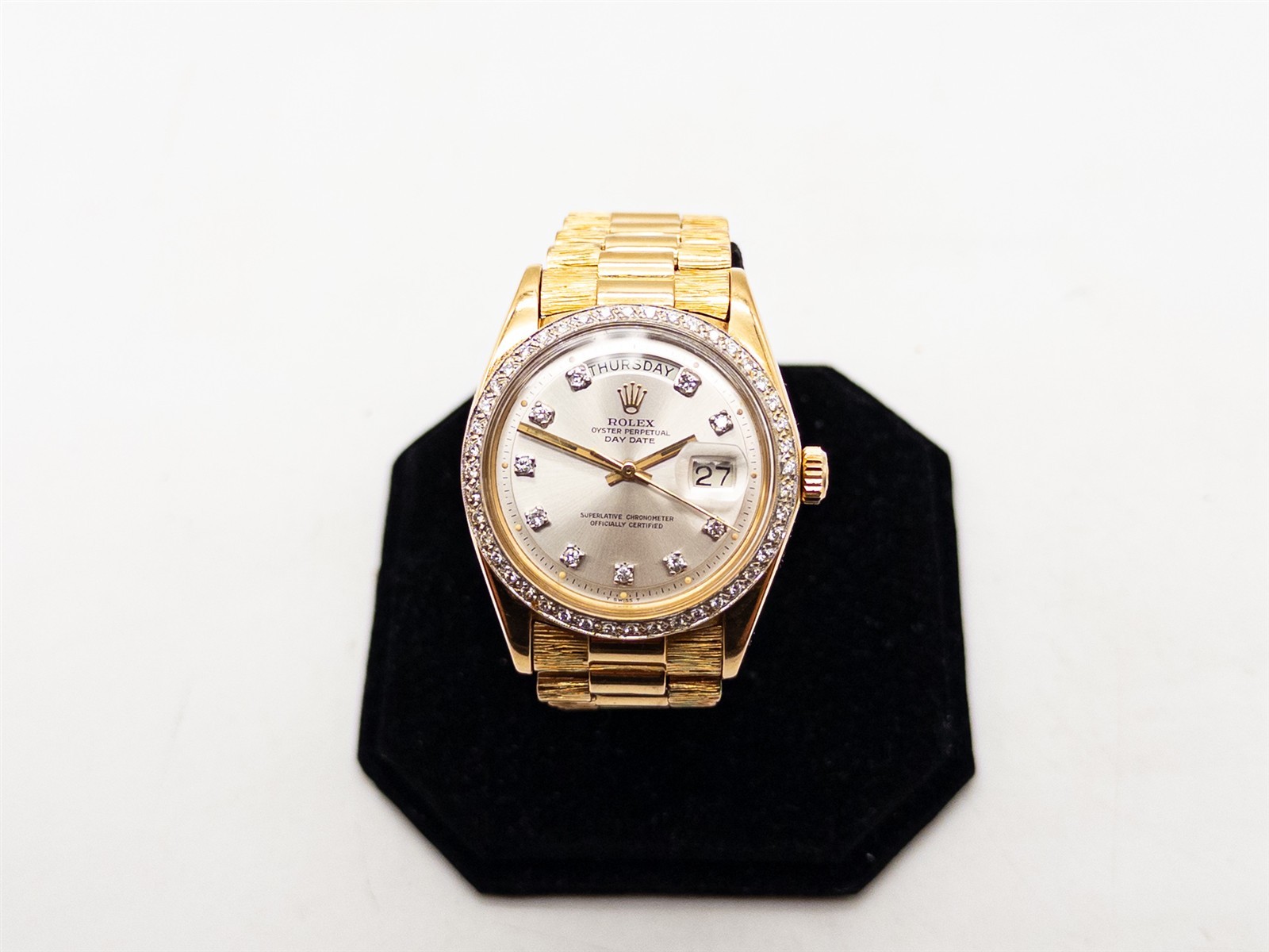 $30,000 ROLEX MENS 1803 36mm 1.50ct Diamond PRESIDENT BARK 18k Yellow Gold Watch