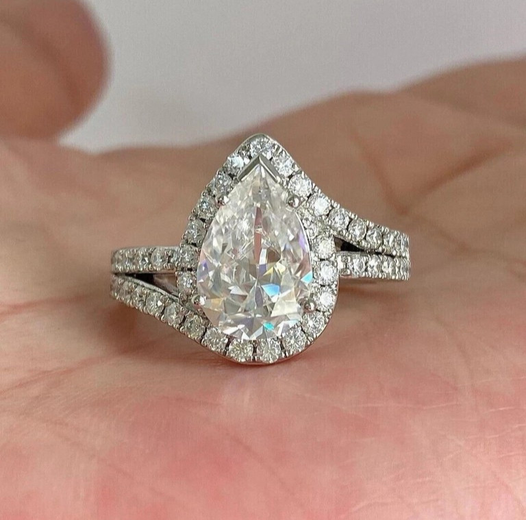Halo Engagement Wedding Ring 2.60 Ct Pear Cut Lab Grown Diamond 14K White Gold