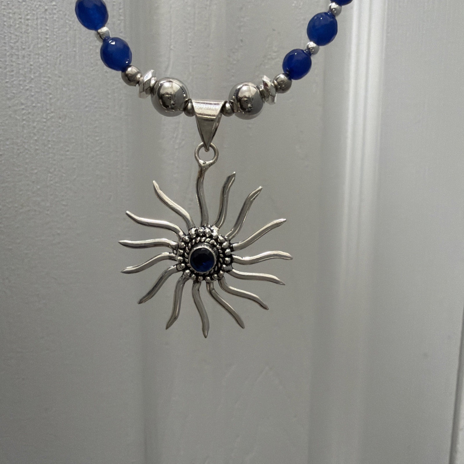Blue Saphire Sterling Sun Pendant With Matching Bead Necklace 18-20inches
