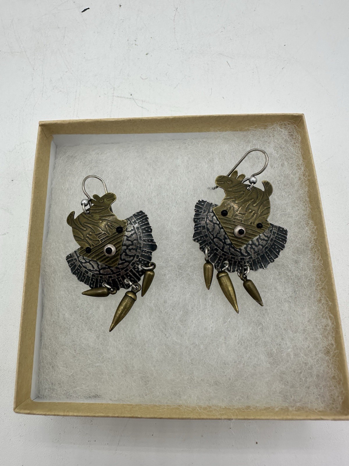 Jane Carpenter Millodot Mixed Metal Sterling Silver Brass Figural Earrings Dangl