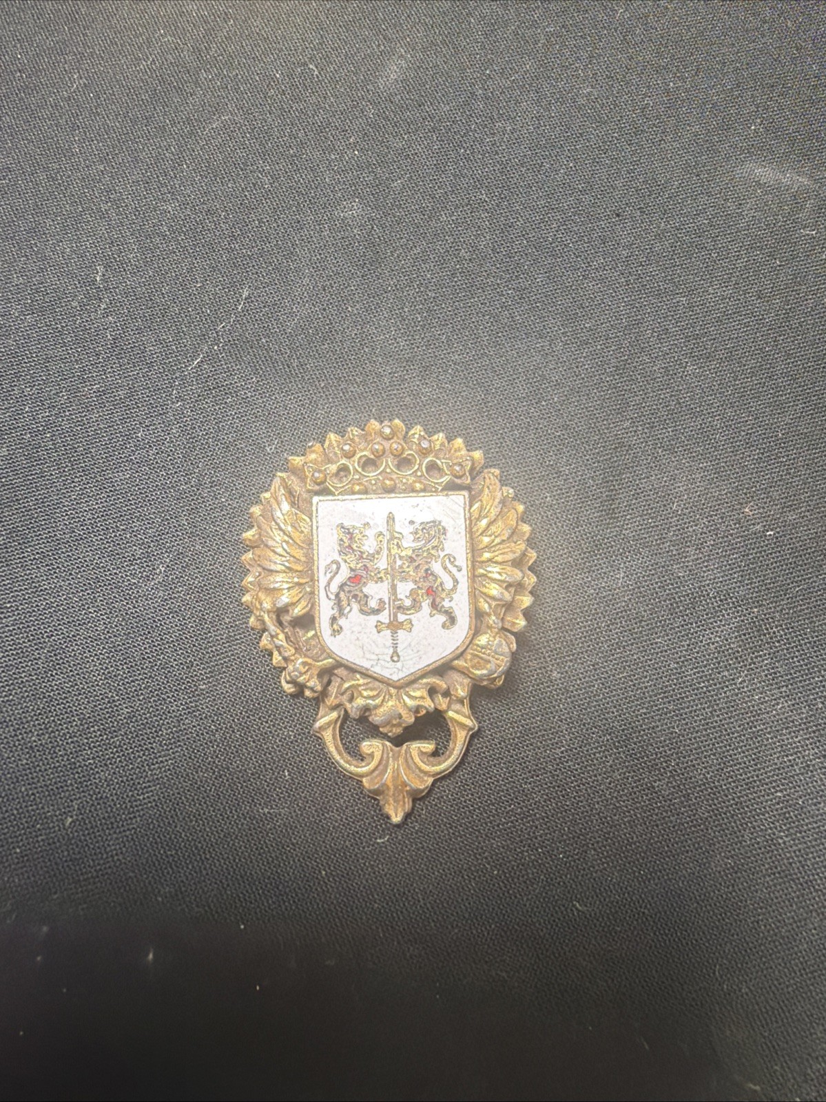 Vintage Heraldic Coat of Arms Standing Red Lions Laurels Fleur De Lis Brooch Pin