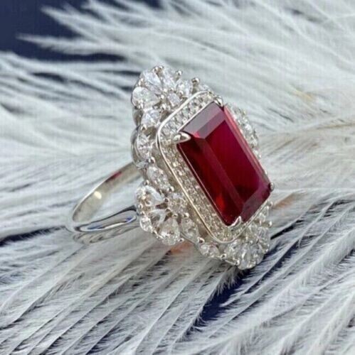 4Ct Emerald Cut Lab Created Ruby Women’s Engagement Ring 14K White Gold Plated