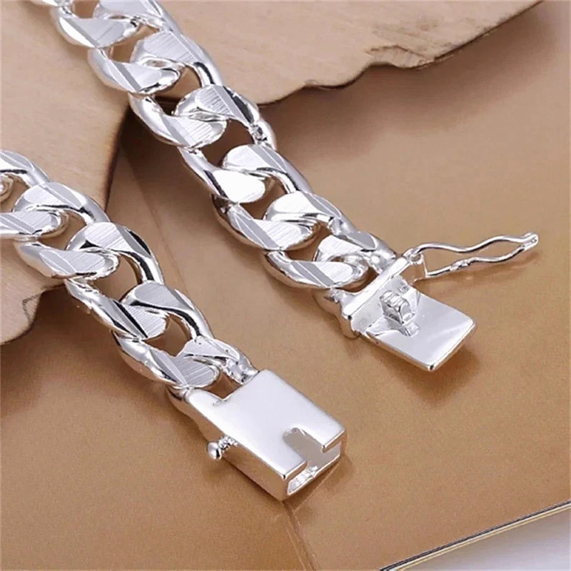 925 Sterling Silver Color Bracelet for Men Jewelry Heavy Thick Cuban Link Chain*