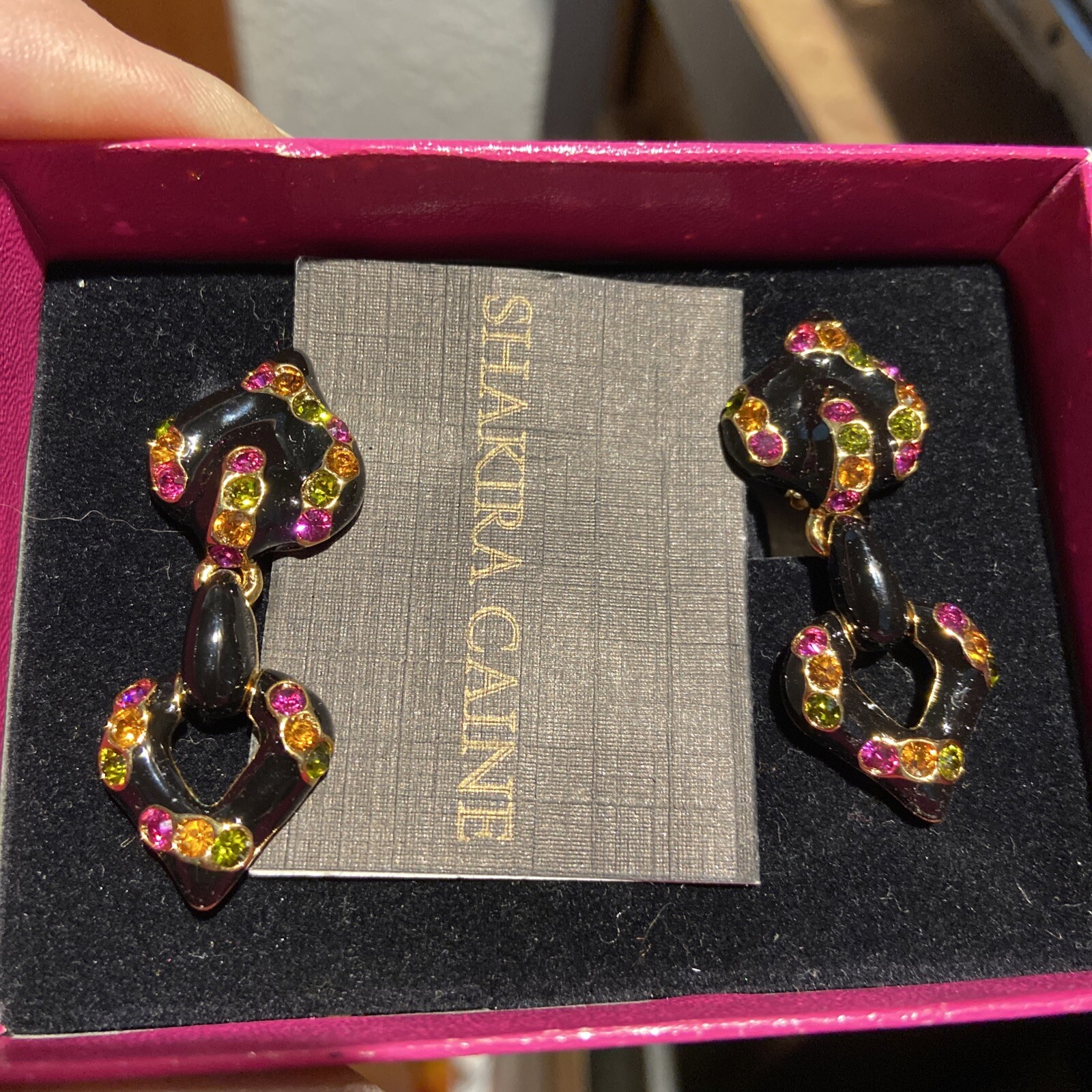 Vintage Shakira Caine Black Enamel Multi Color Rhinestone Clip-on Earrings
