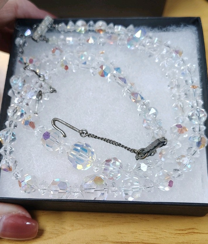 Beautiful Vintage Aurora Borealis Double Strand Necklace With Hook Closure 14 In