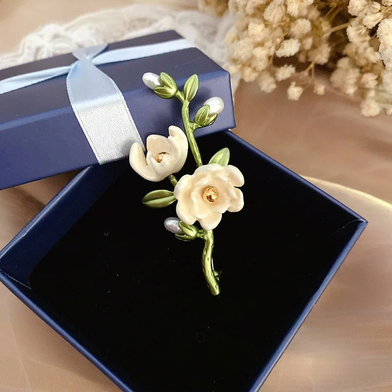 Green Color Plant Pearls Pin Tree Lotus Leaf Blueberry Cherry Flower Brooch