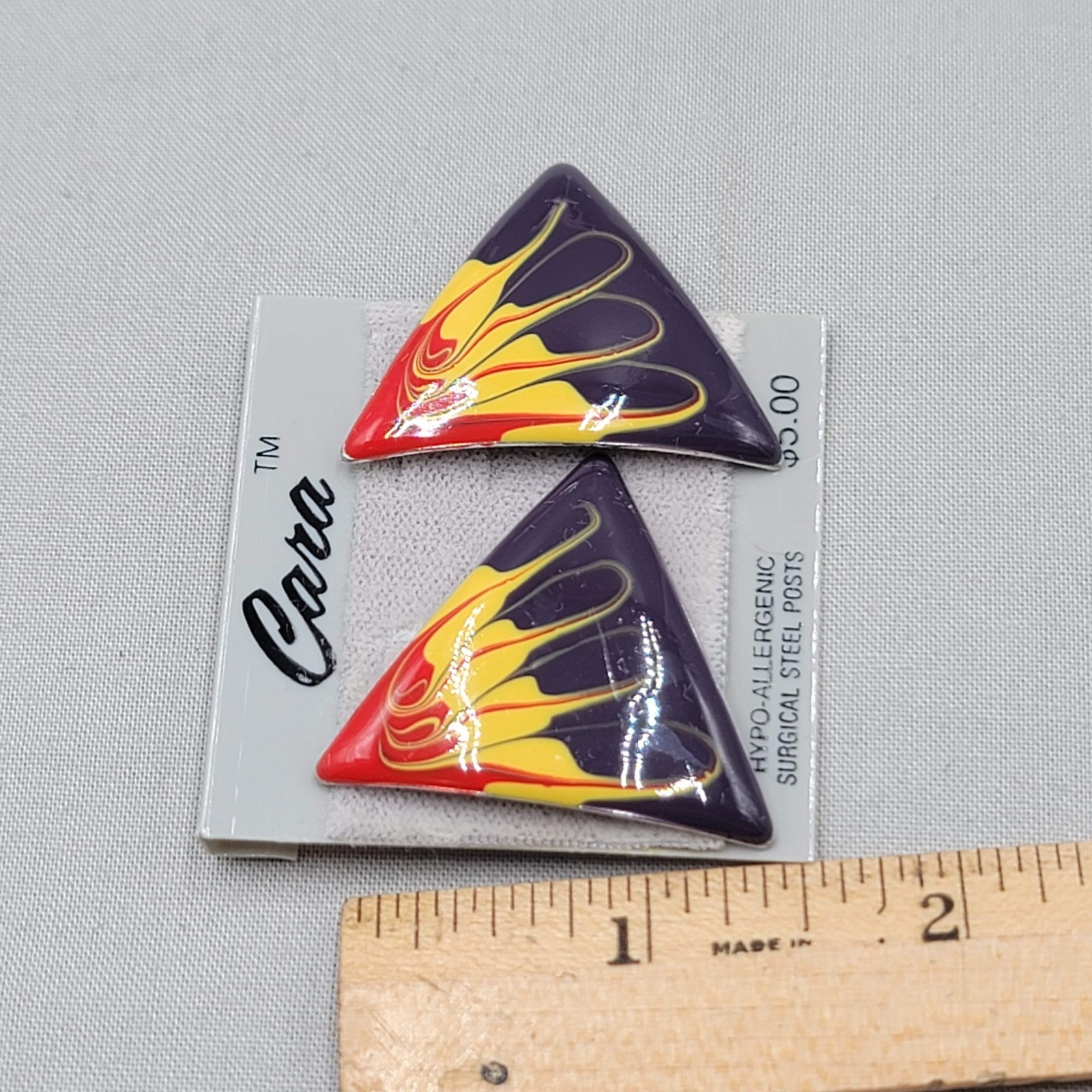 Vintage Black Yellow Red Triangle Enamel Cara Pierced Earrings NOS Prop 1.25″