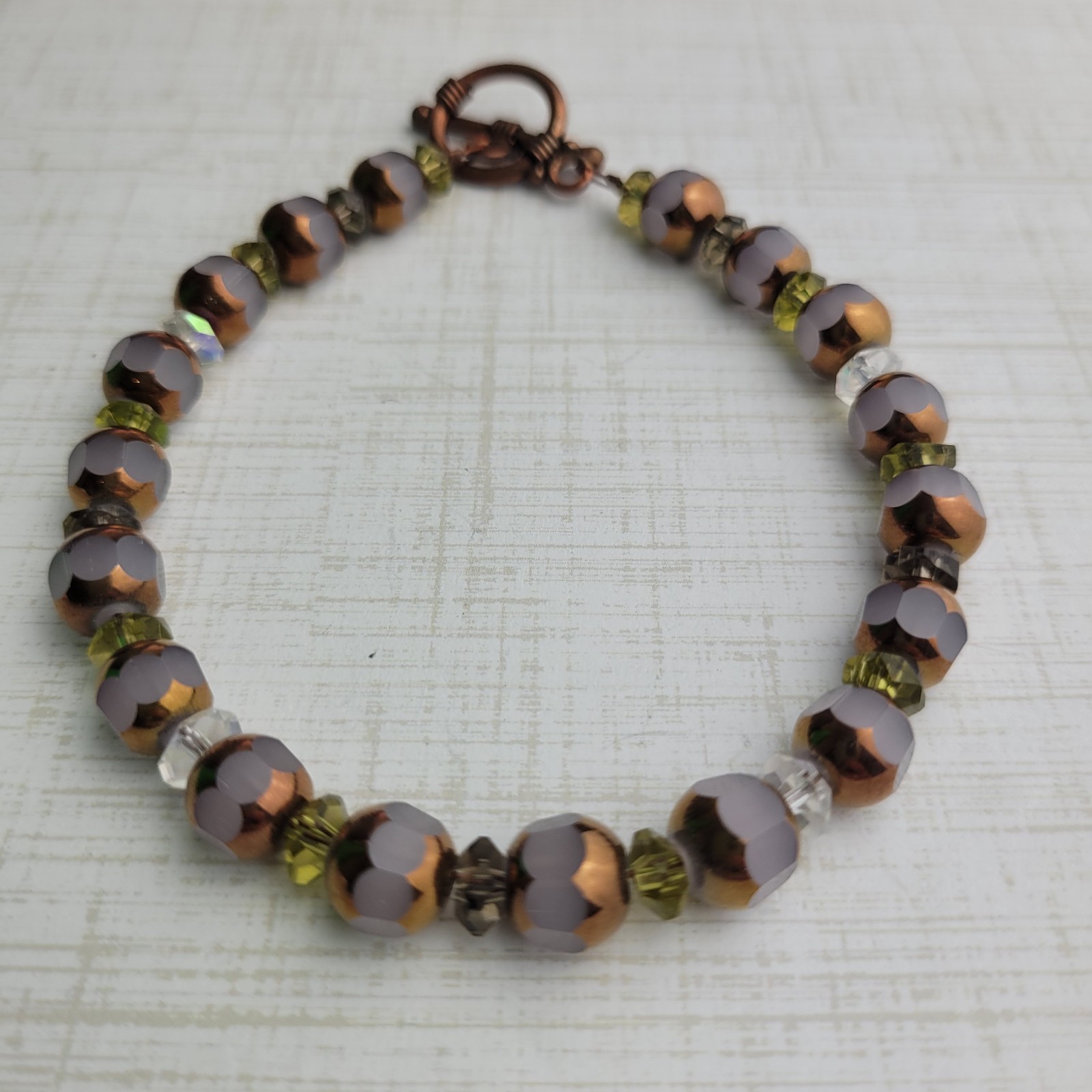 Mauve Copper Colored Glass Bead Bracelet 8″ Artisan Made
