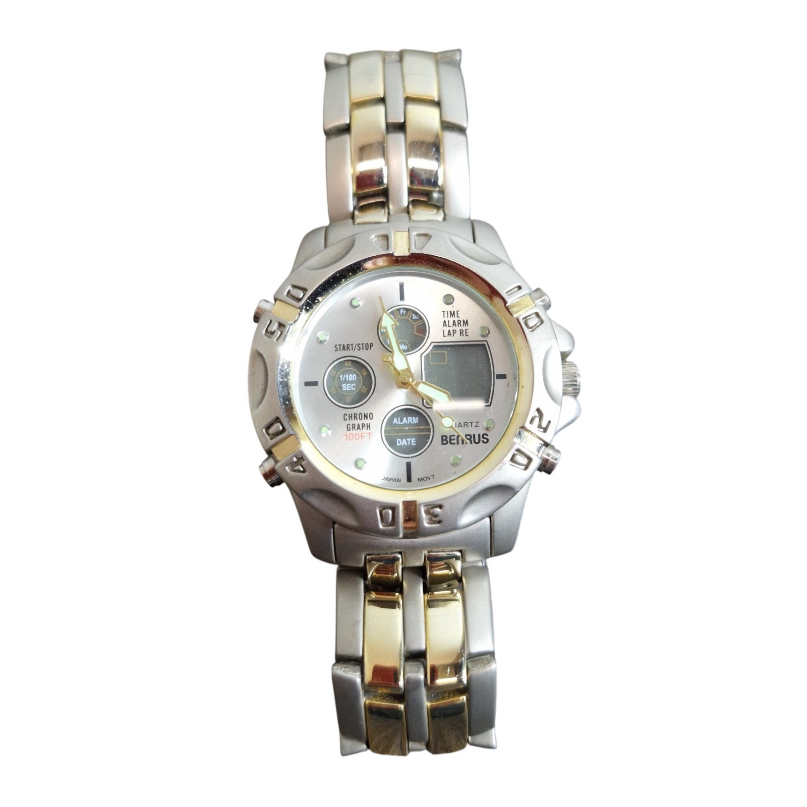 Benrus Advance Mens Chronograph Watch Two Tone BNW25413W Silver Dial 100FT V377