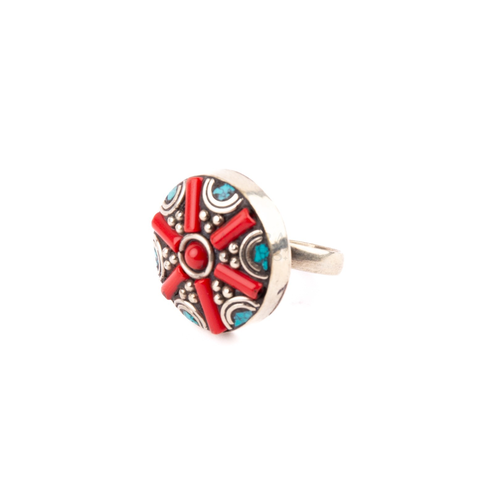 Tibetan Ring, Red Coral Turquoise, Traditional Ring, Handmade Nepali Jewelry, 10