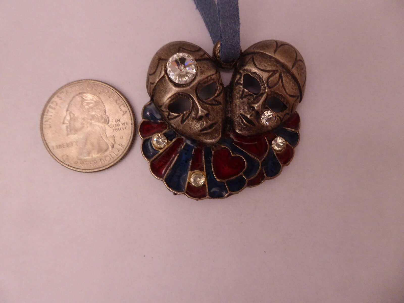 Harlequin Mask Metal Painted Enamel Pendant Necklace Art Deco Leather Cord VTG