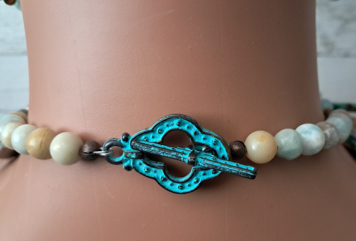 Slab Impression Jasper Blue Brown Amazonite Tigers Eye Huge Double Strand 273G