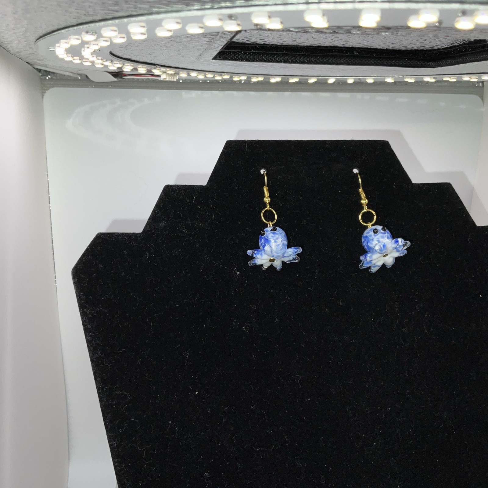 Blue & White Octopus Glass Earrings W/ Backs. Homemade 14k Extra Plated Gold New