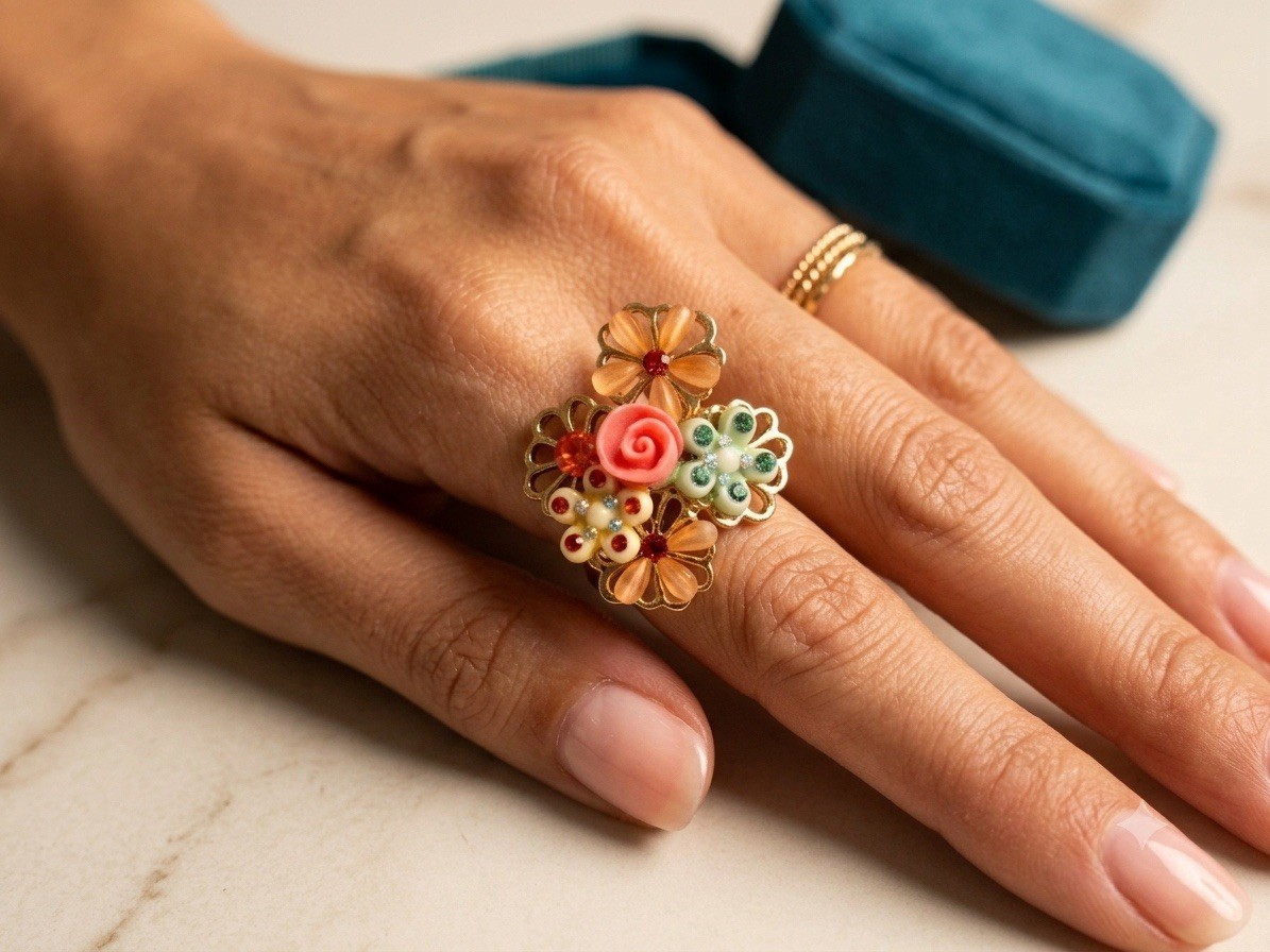 Vintage Style Floral Statement Ring Gold Tone Rhinestone Carved Rose Cocktail