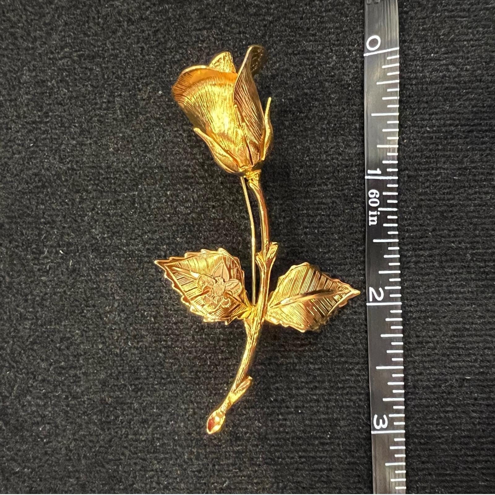 Vintage Gold Tone Rose Brooch Long Stem Floral Pin with Fleur-de-Lis Detail