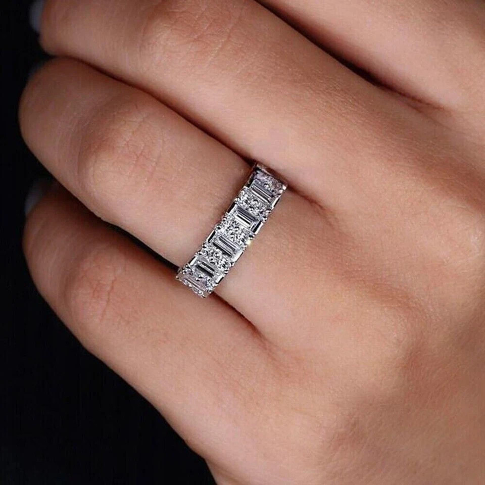 1.50Ct Round & Baguette Cut Lab Grown Diamond Half Eternity Band 14K White Gold