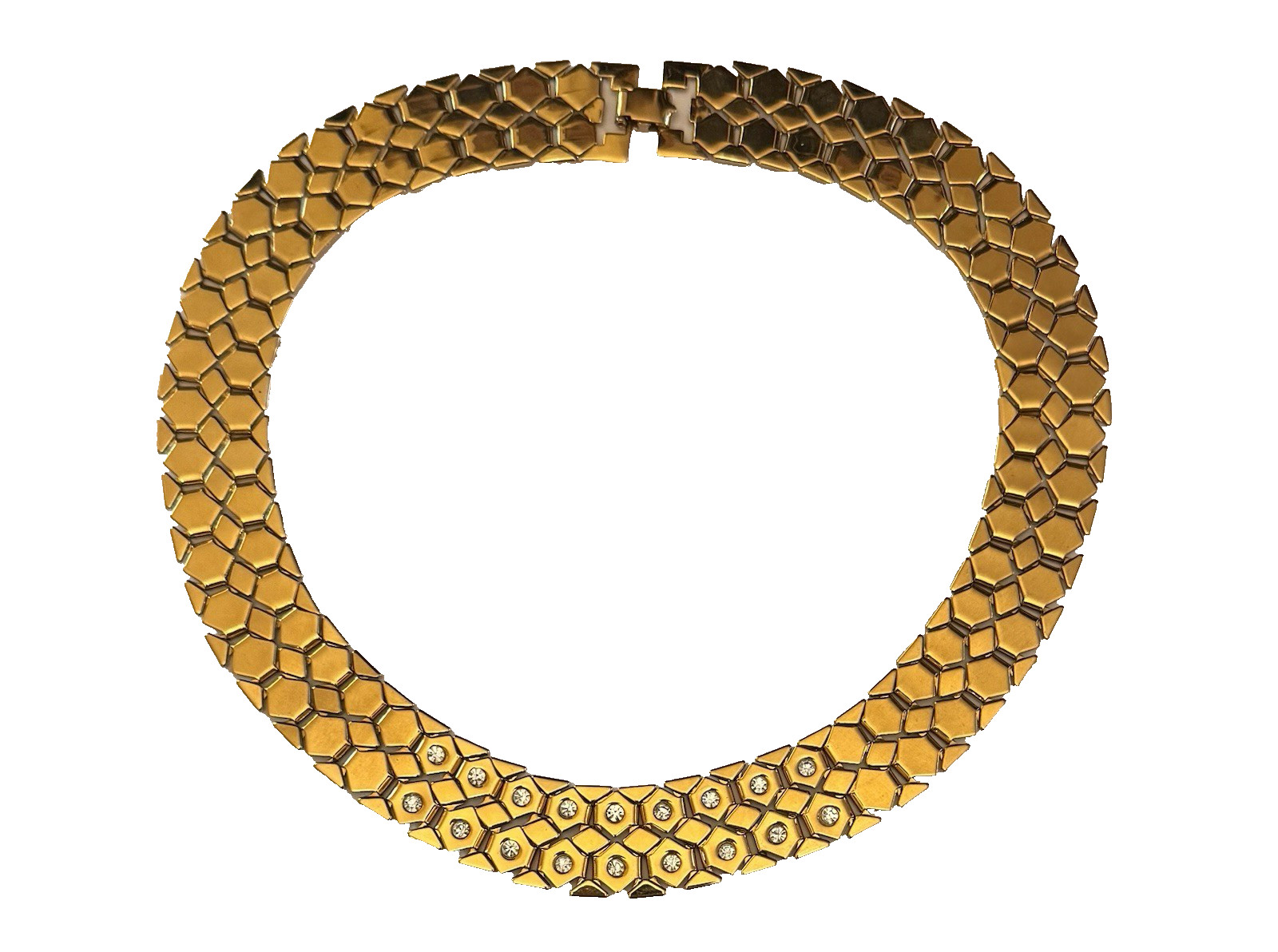 Vintage Monet Gold Tone Honeycomb RHINESTONE Statement 18″ CHOKER Necklace FLAT