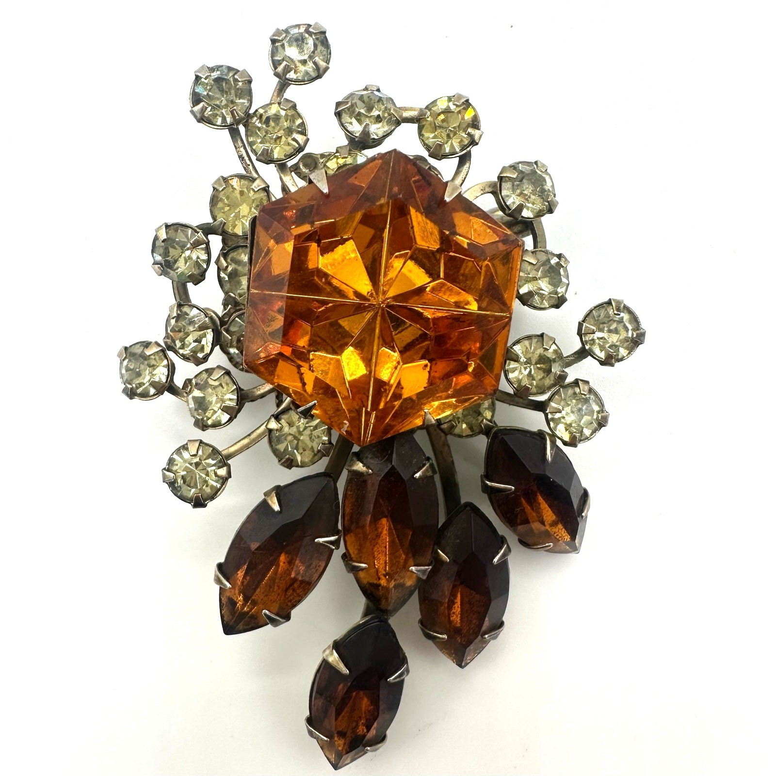 Vintage gold tone jonquil yellow topaz orange brown glass rhinestones brooch
