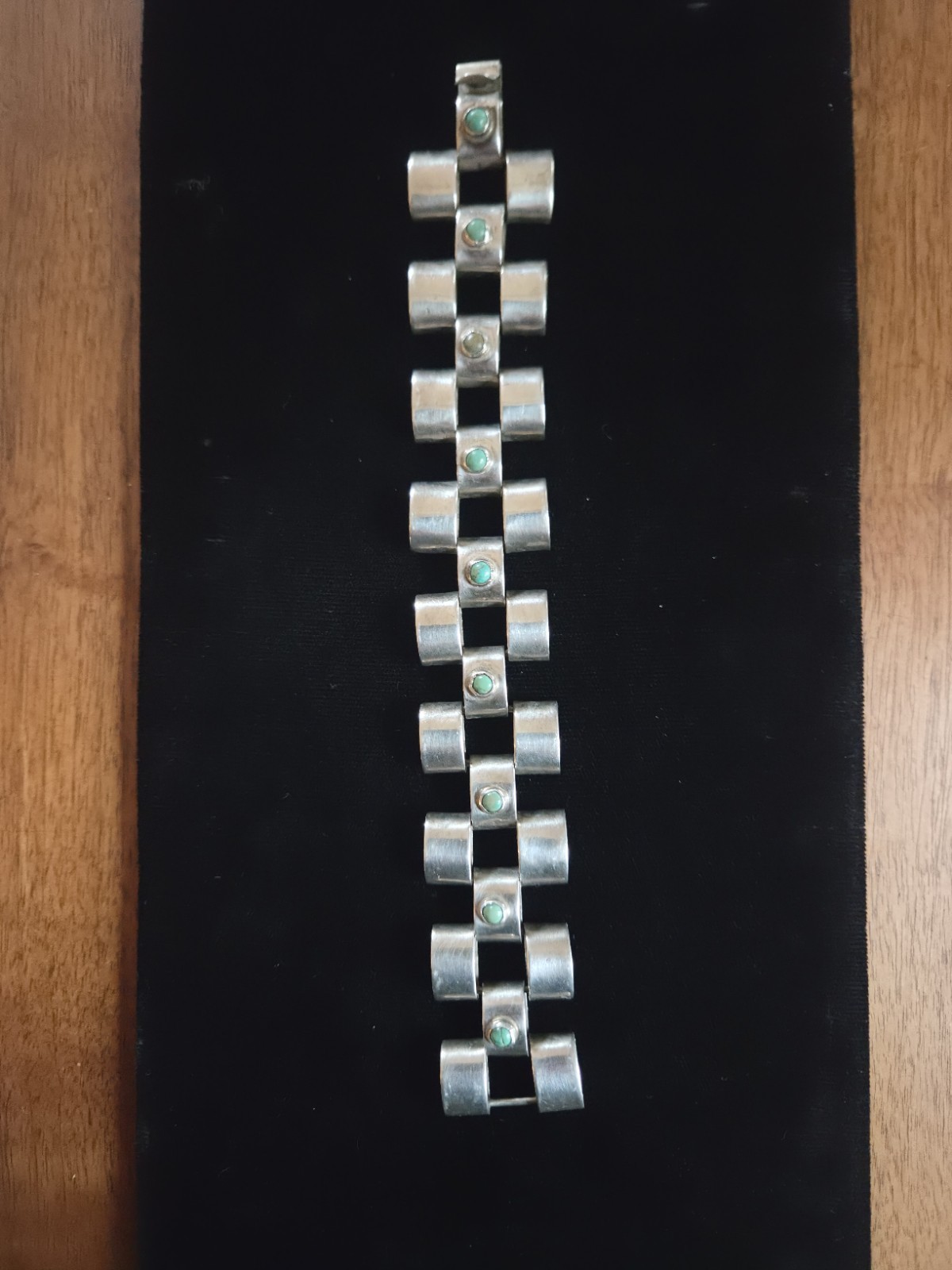 Turquoise & Mexican Silver Vintage Heavy Link Bracelet 61 grams 7.5 inches long
