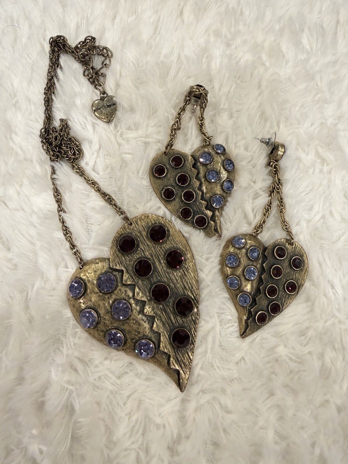 Vintage Betsey Johnson Broken Heart Necklace & Earring Set – Gold Tone, RARE