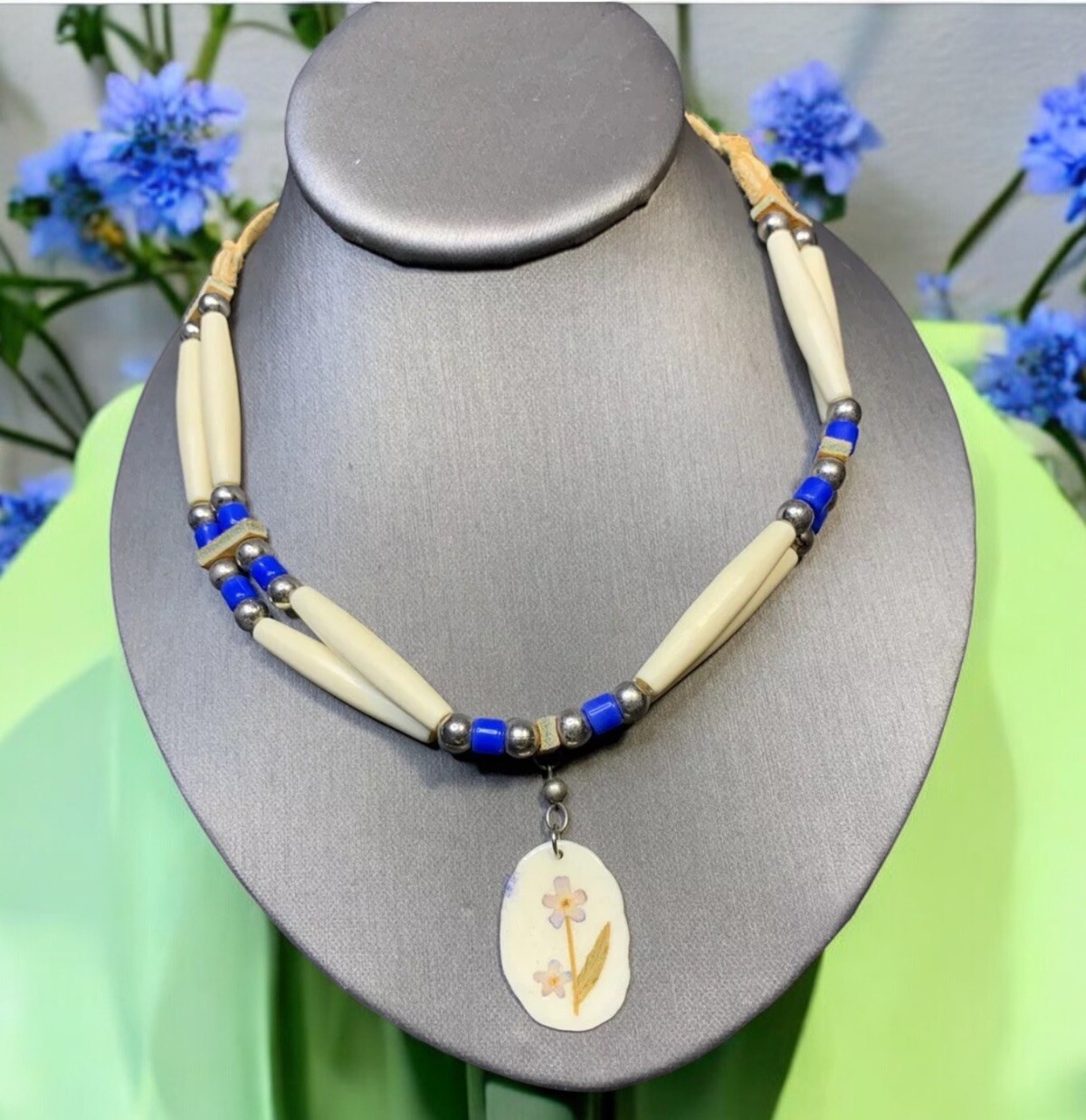 Signed DS Native American Blue Leather beaded tie on choker necklace