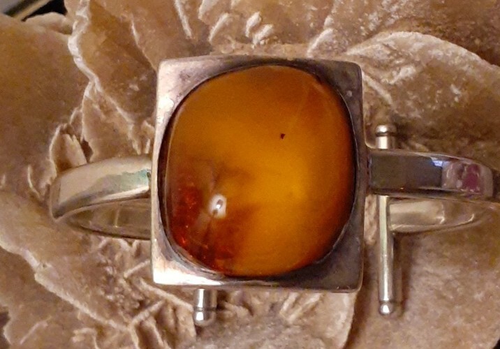 Vintage Sterling Silver Polish Honey Amber Cuff Bracelet Size Large