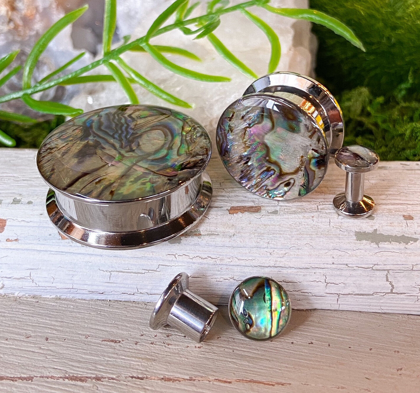 PAIR Abalone Inlay Steel Screw Fit Plugs Tunnels Earlets Gauges Body Jewelry