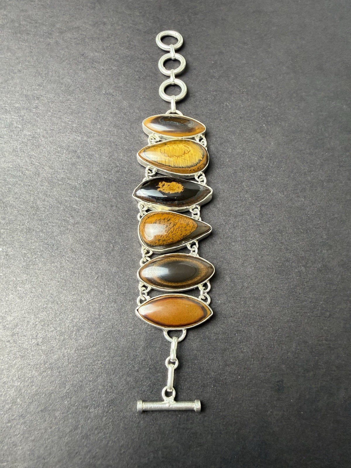 925 Sterling Silver Tiger Eye Link Bracelet Toggle Clasp Artisan