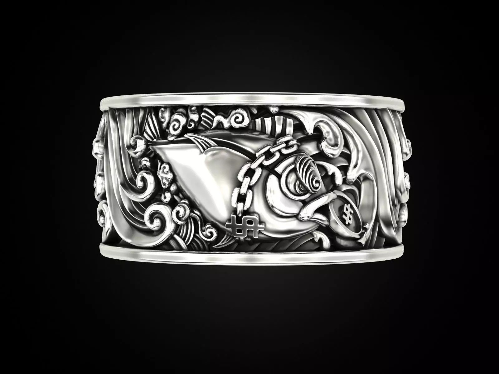 Oxidized Mens Money Grabbing Fish Gothic Punk 925Sterling Silver Statement Rings
