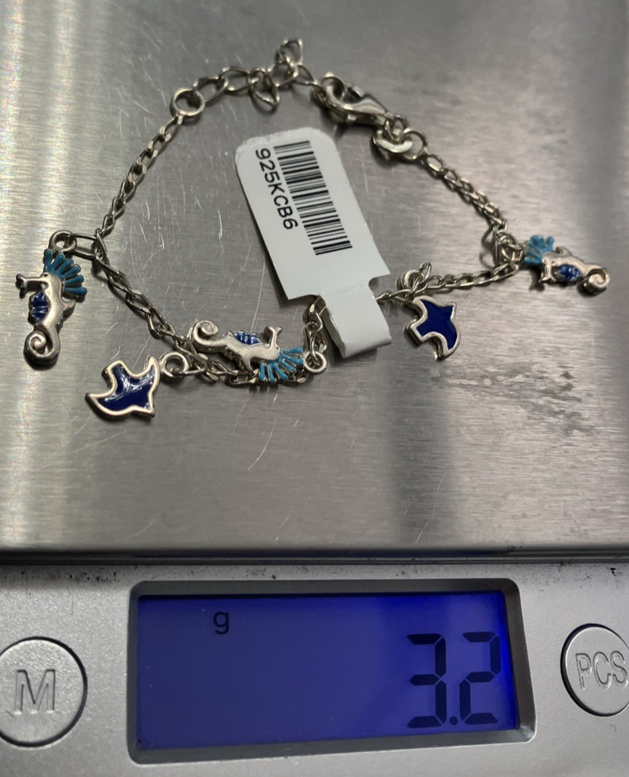 925 Sterling Silver Girl 5 Charms Bracelet Seahorse 3.2grams 5” To 6” New w/Tag