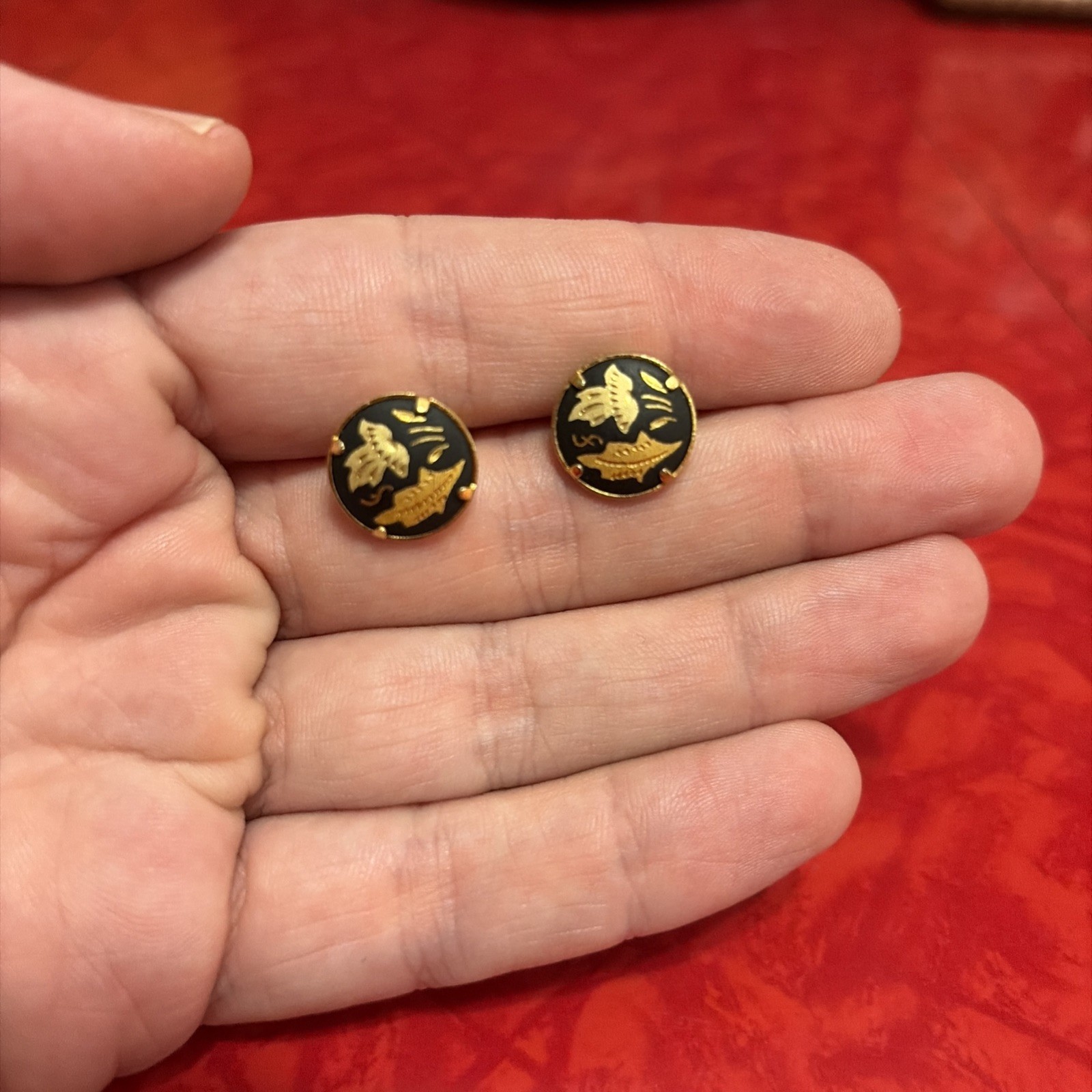 Vintage Black & Gold Damascene Flower Stud Earrings Handcrafted MCM
