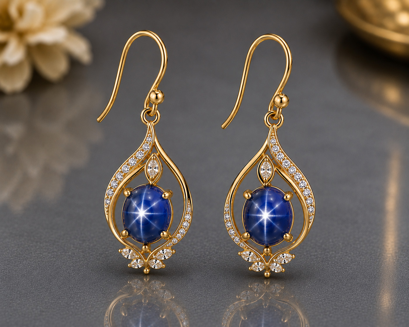 Blue Star Sapphire Dangle Earrings 14K Gold Plated Crystal Floral Drop Jewelry