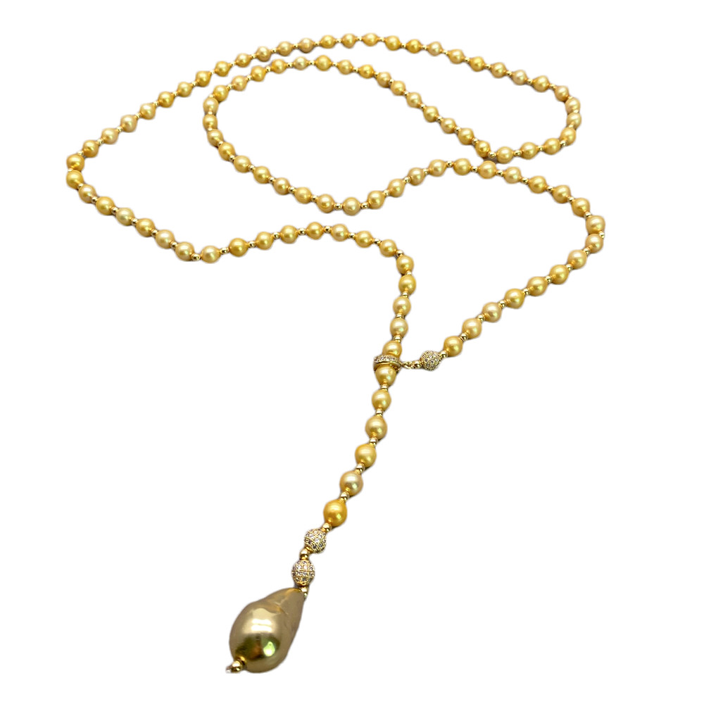 Cultured AA Grade Golden Pearl Gold Plated Baroque Pearl Long Necklace 36″
