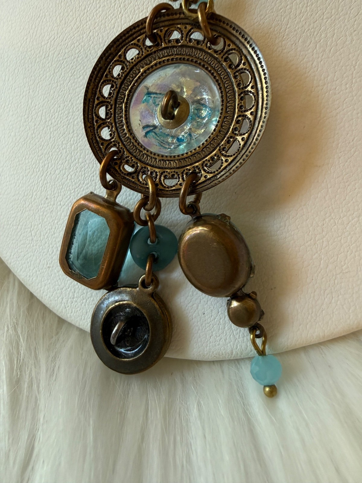 Grandmother’s Buttons Art Glass Necklace Moon Face Vintage Blue Bead Brass Chain
