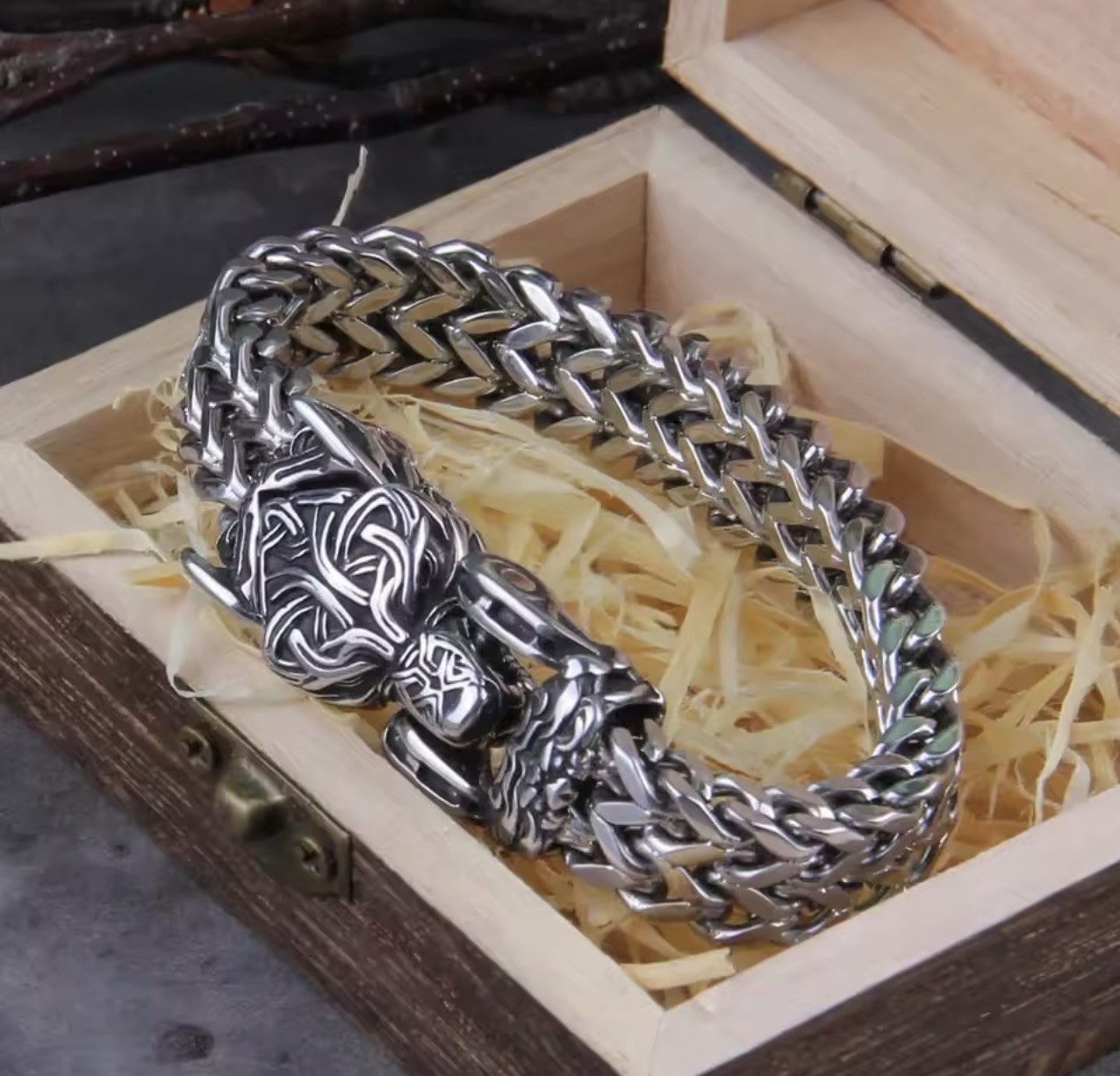 Men’s Retro Viking Wolf Head Bracelet, Vintage Fashion, Stainless Steel, 21cm