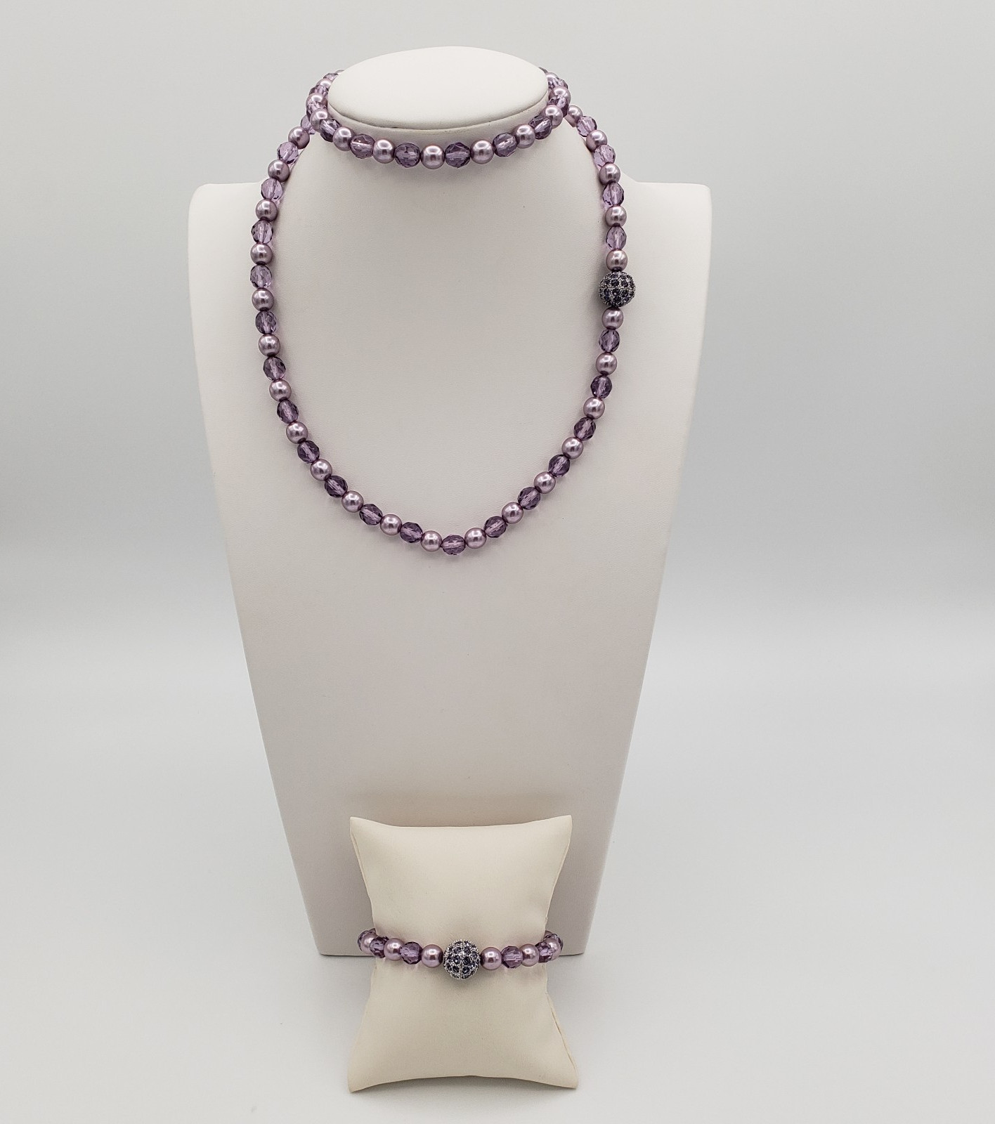 Joan Rivers Purple Faux Pearl Lavender Crystal Bead Necklace & Bracelet Set