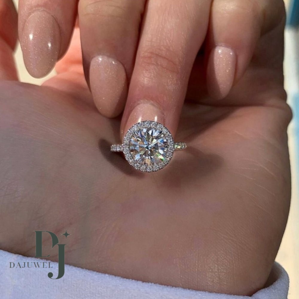 Moissanite Halo Engagement Ring Solid 14K White Gold 2.50 CT Round Cut for Women