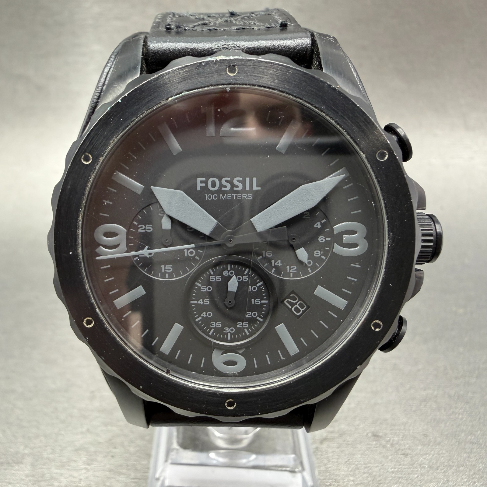 Fossil Nate Chrono Watch Men 46mm Black Dial Black Tone Date Round New Battery