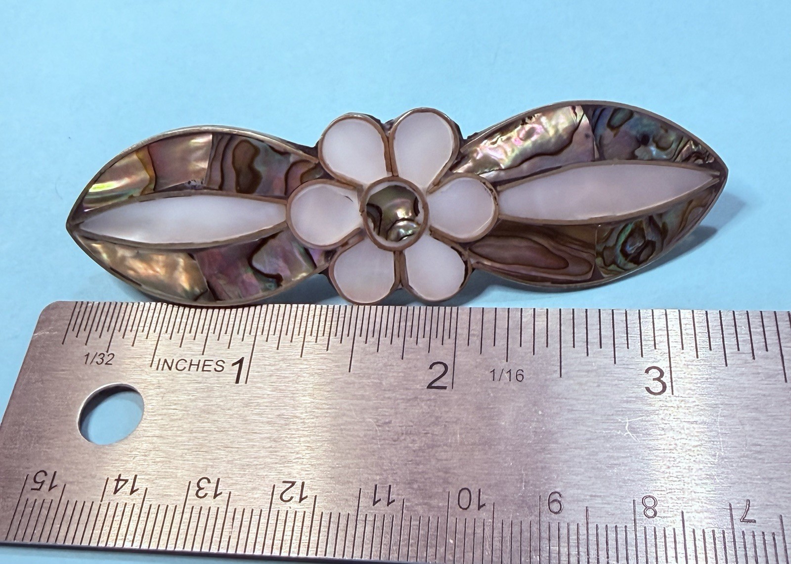 Abalone And Mother Of Pearl Shell Inlay Flower Hair Clip 3.5 Inches