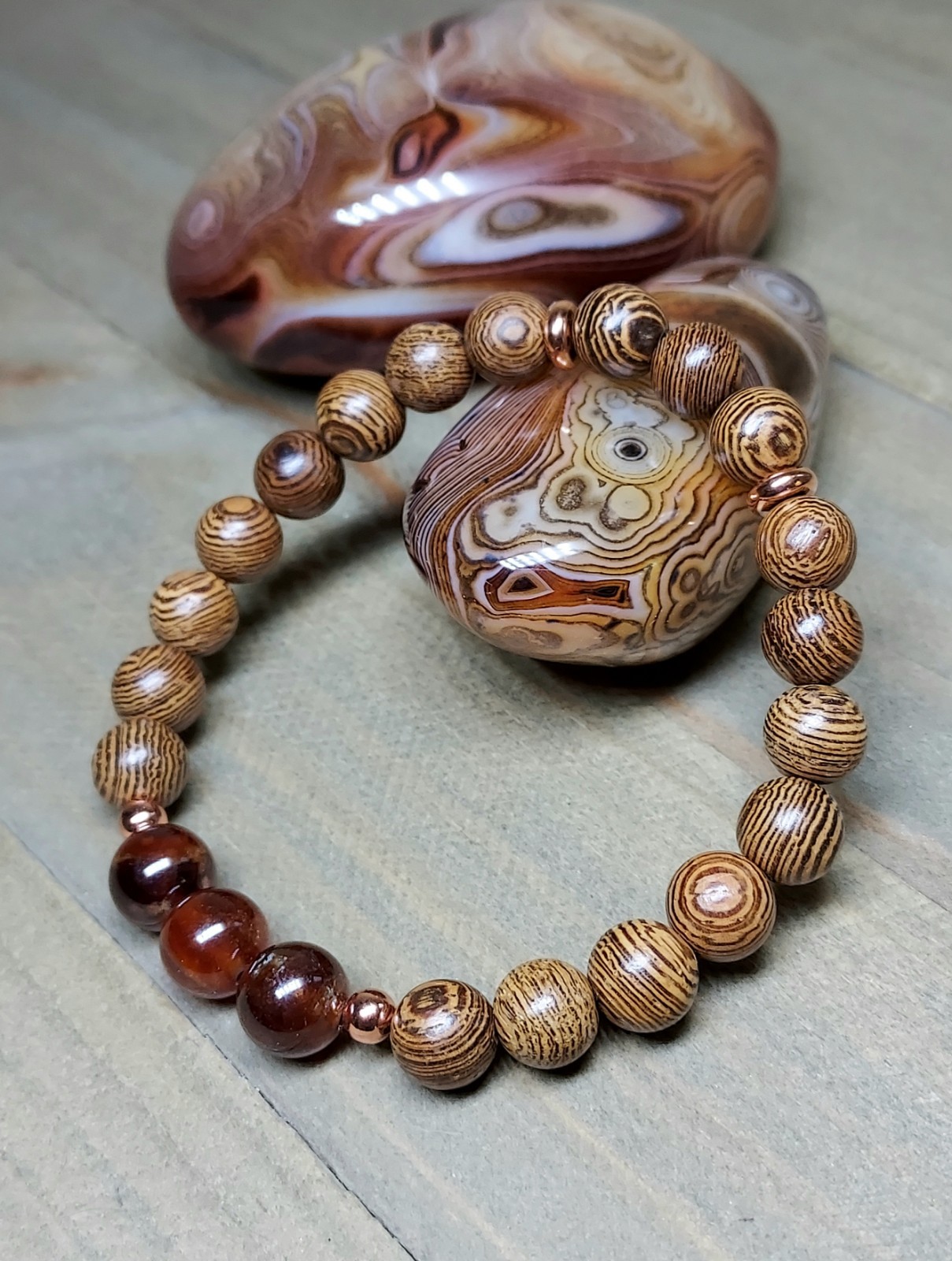 Hessonite Garnet Gemstone Bracelet With Brown Wooden Beads Stretchy 6.50″