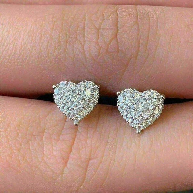 Cluster Heart 2Ct Round Cut Created Diamond Stud Earrings 14K White Gold Plated